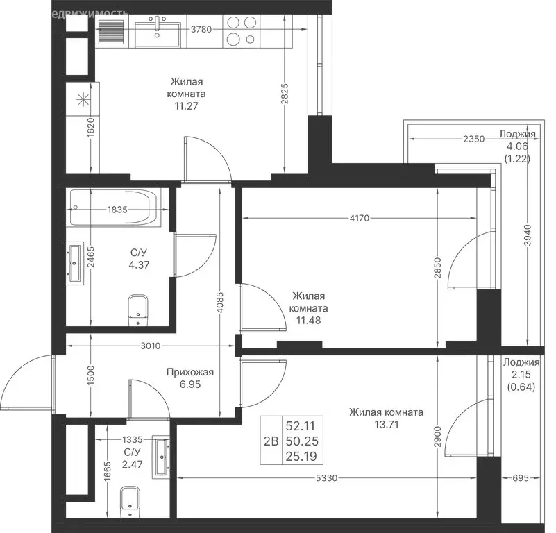 2-комнатная квартира: Казань, ЖК Мой Ритм, ПК14 (52.11 м) - Фото 1