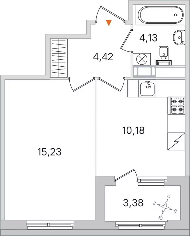 Квартира, 1 комната, 33.96 м - Фото 1