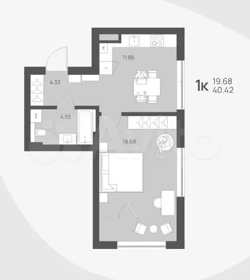 1-к. квартира, 40,4 м, 1/4 эт. - Фото 1