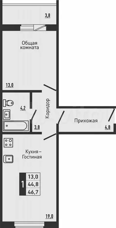 1-к. квартира, 46,7 м, 3/16 эт. - Фото 1