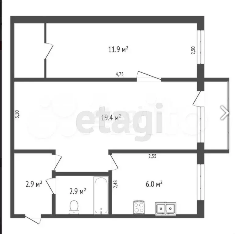 2-к. квартира, 45,1 м, 5/5 эт. - Фото 0