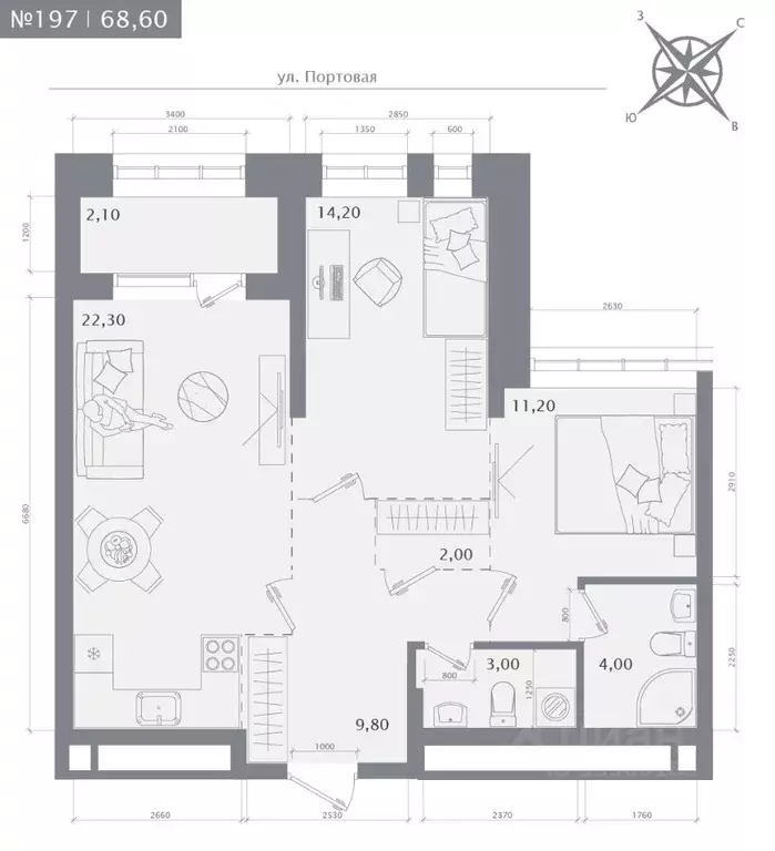 2-к кв. Татарстан, Казань 1712 жилой комплекс (68.6 м) - Фото 1