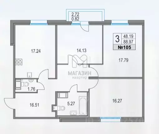 3-к кв. Санкт-Петербург Богатырский просп., 2А (88.97 м) - Фото 2
