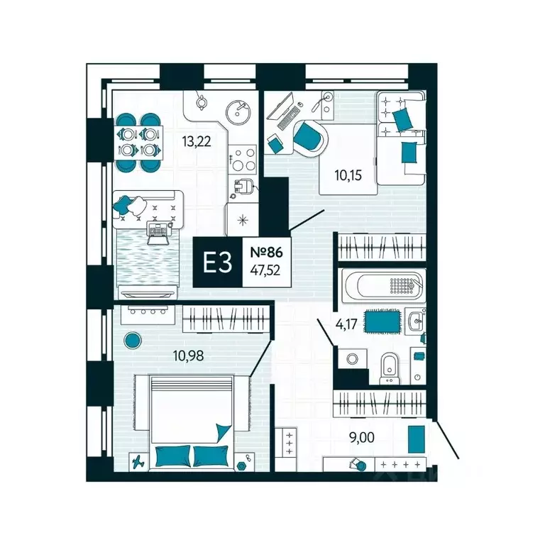 2-к кв. Тульская область, Тула ул. Чмутова, 158Д (47.52 м) - Фото 1