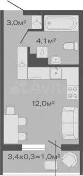 Квартира-студия, 20,1 м, 4/4 эт. - Фото 1