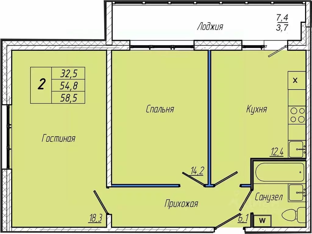 2-к кв. Кемеровская область, Кемерово просп. Притомский, 30А (58.5 м) - Фото 1