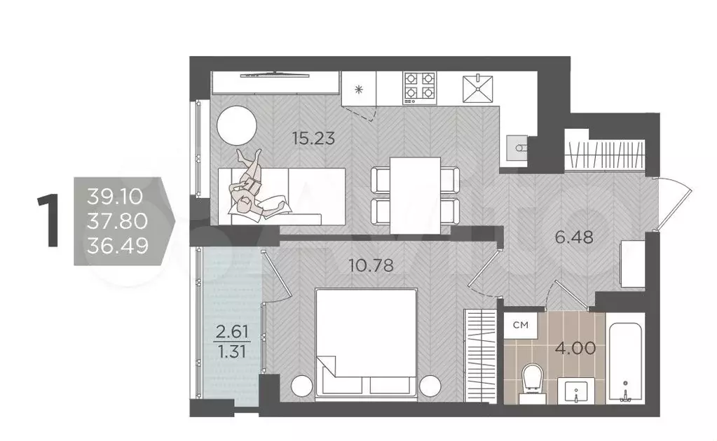 1-к. квартира, 37,8 м, 2/9 эт. - Фото 1