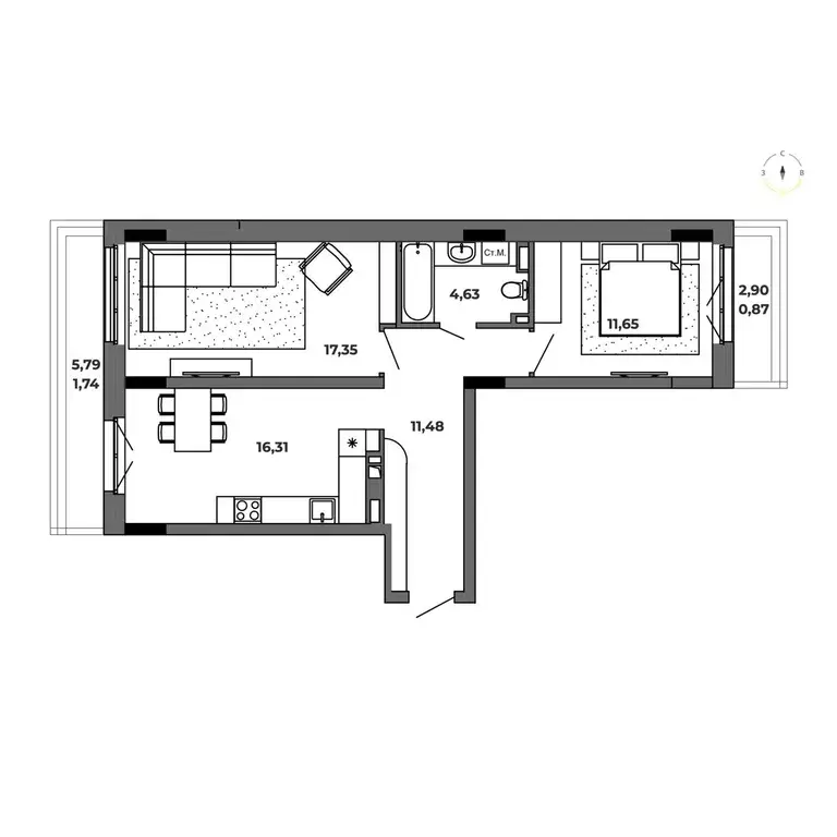2-к квартира, 64.03 м - Фото 0