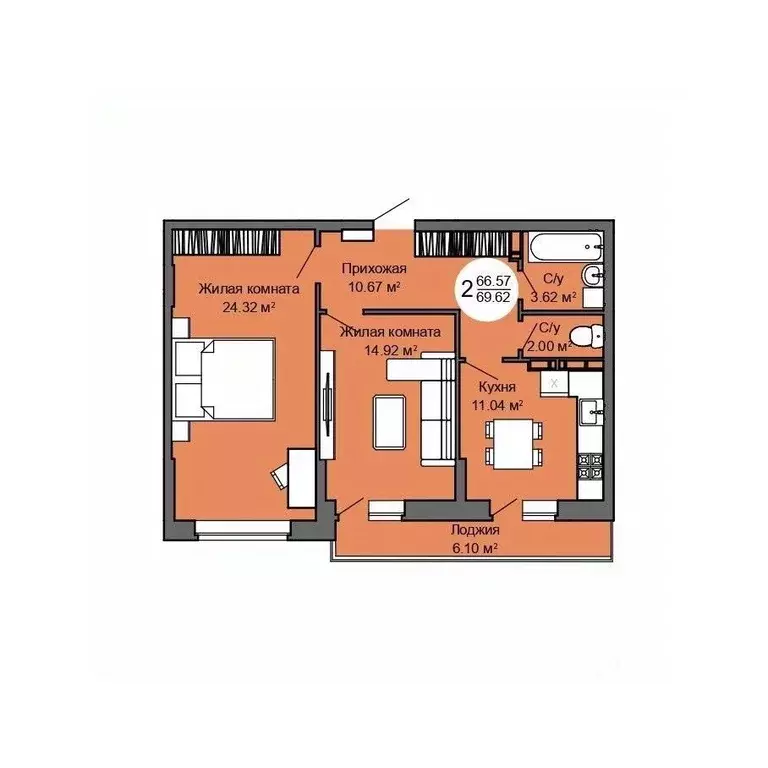 2-к кв. Орловская область, Орел Межквартальная ул., 3 (69.3 м) - Фото 1