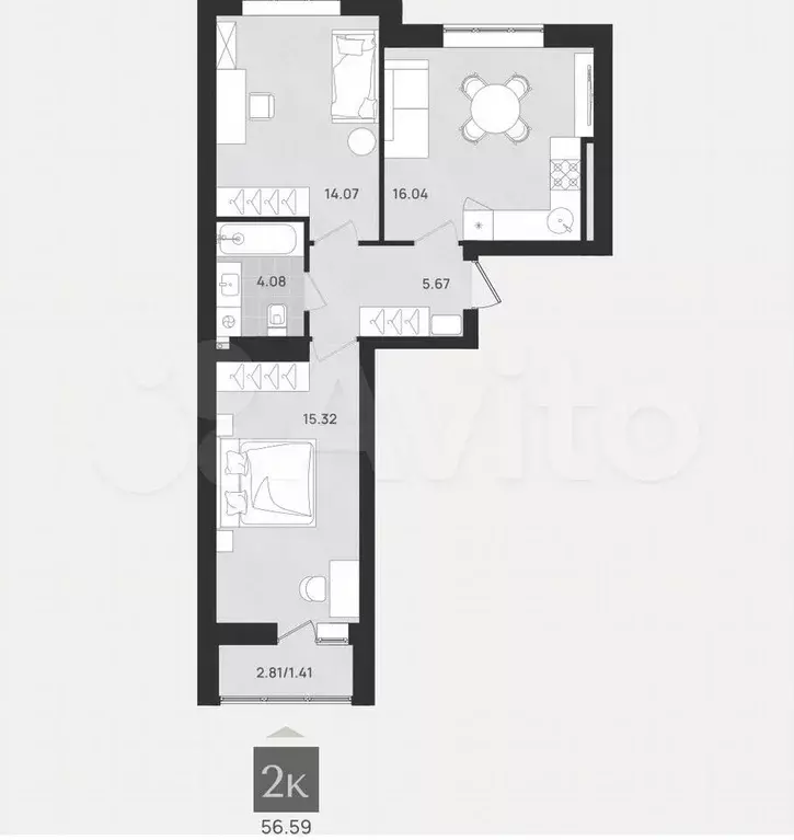 2-к. квартира, 56,6 м, 7/9 эт. - Фото 1