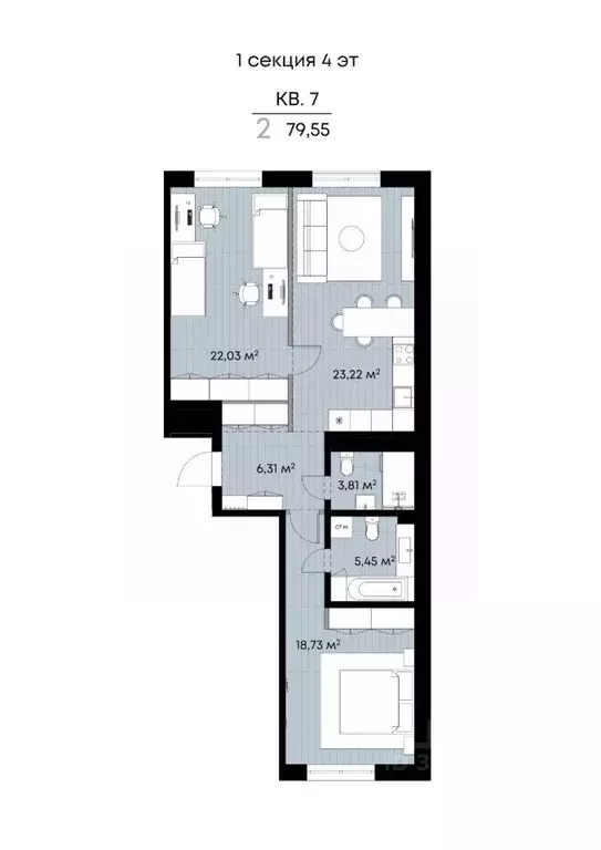 2-к кв. Иркутская область, Иркутск ул. Лебедева-Кумача, 25 (79.55 м) - Фото 2