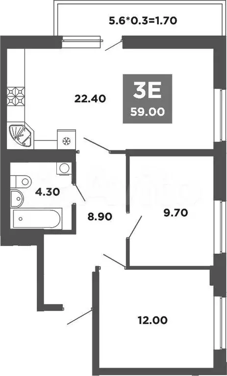 3-к. квартира, 59 м, 4/9 эт. - Фото 1