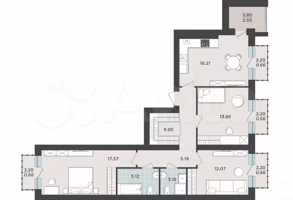 3-к. квартира, 86,9 м, 9/9 эт. - Фото 1