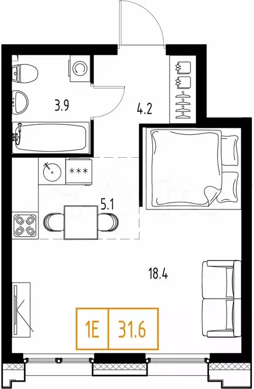 1-к. квартира, 31,6 м, 2/9 эт. - Фото 0