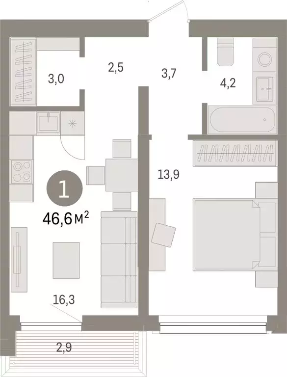 1-комнатная квартира: Тюмень, Мысовская улица, 26к1 (46.57 м) - Фото 0