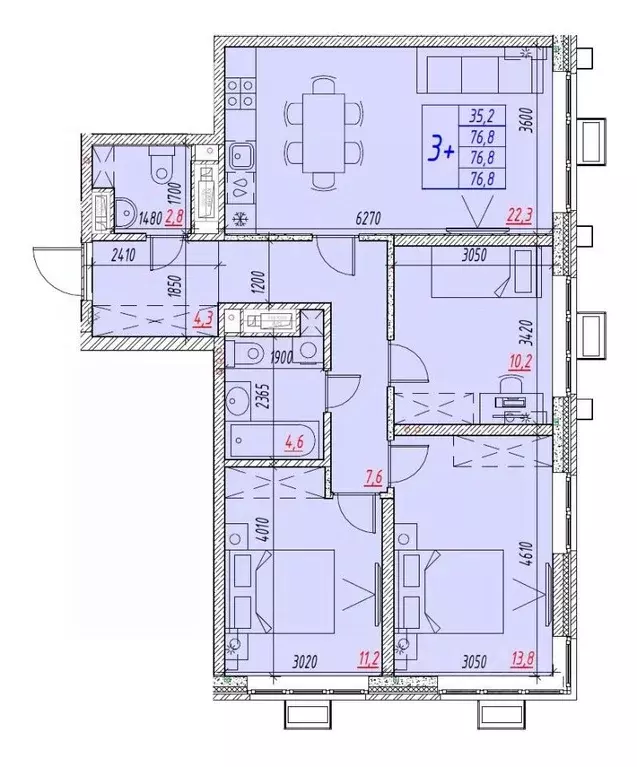 4-к кв. Астраханская область, Астрахань ул. Бэра, 29 (76.8 м) - Фото 1