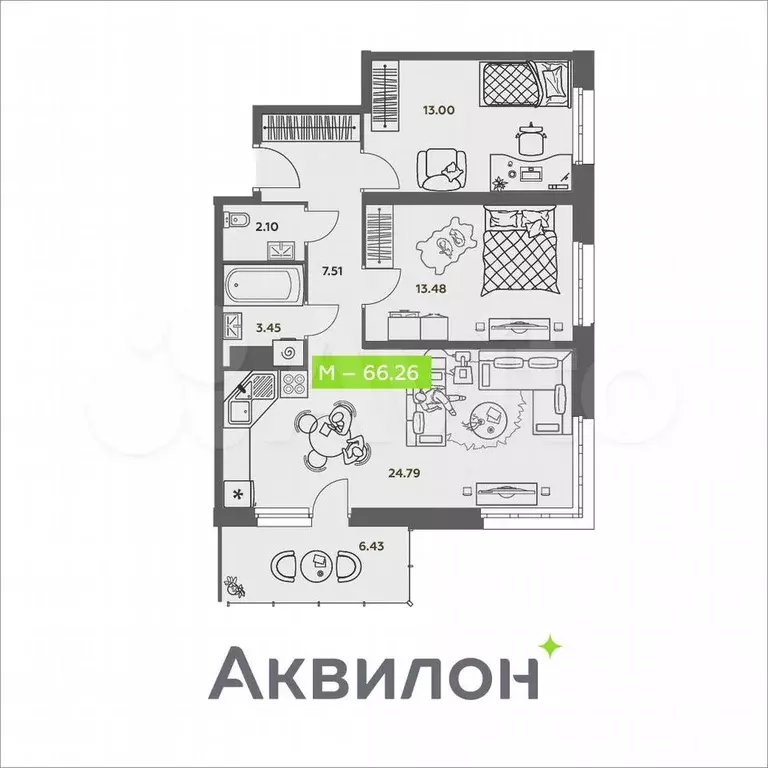 2-к. квартира, 66,3 м, 7/8 эт. - Фото 0