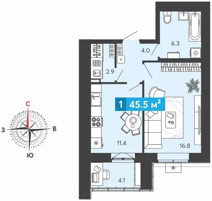 1-комнатная квартира: Засечное, микрорайон Город Спутник (45.5 м) - Фото 0