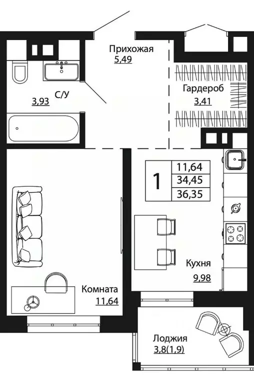 1-к кв. Ростовская область, Ростов-на-Дону ул. Текучева, 370/2 (35.88 ... - Фото 0