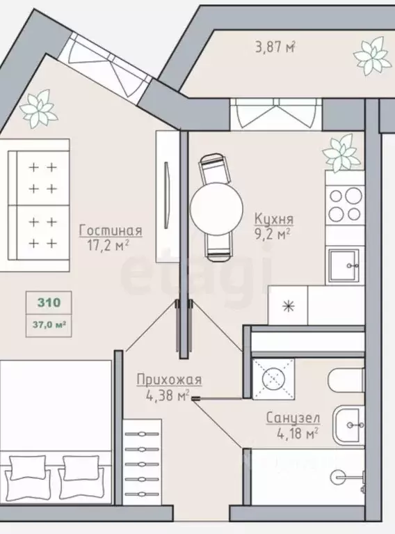 1-к кв. Татарстан, Казань ул. Волкова, 12 (36.0 м) - Фото 2