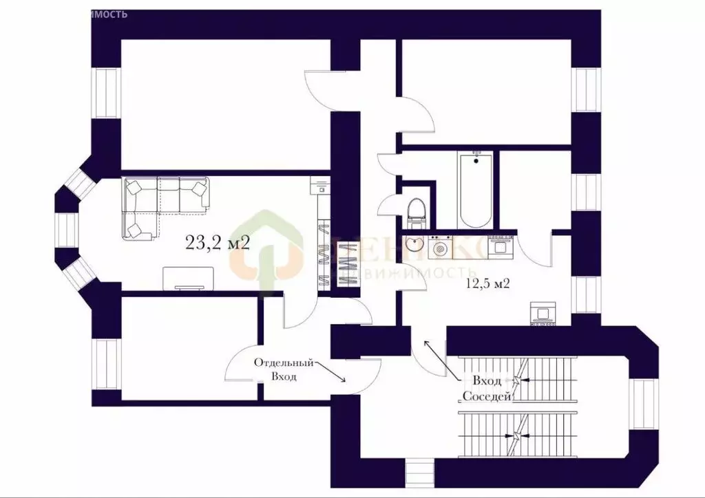 1к в 4-комнатной квартире (23.2 м) - Фото 1