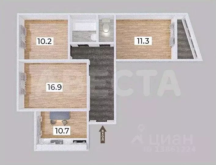 3-к кв. Омская область, Омск ул. Ядринцева, 24 (62.0 м) - Фото 1