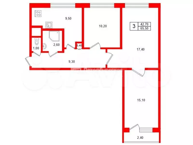 3-к. квартира, 65,5 м, 3/9 эт. - Фото 0