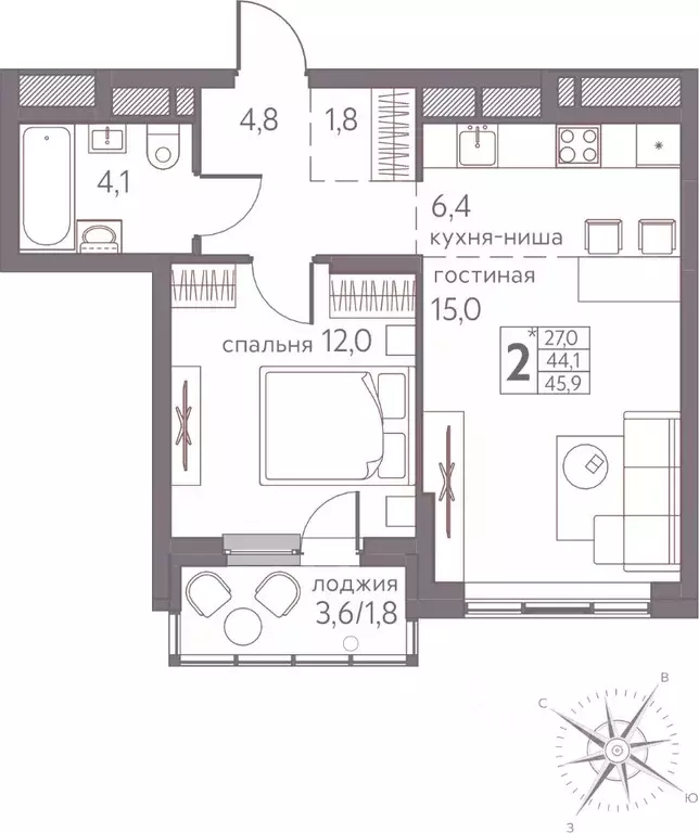 Студия Пермский край, Пермь ул. Серебристая, 3 (45.9 м) - Фото 1