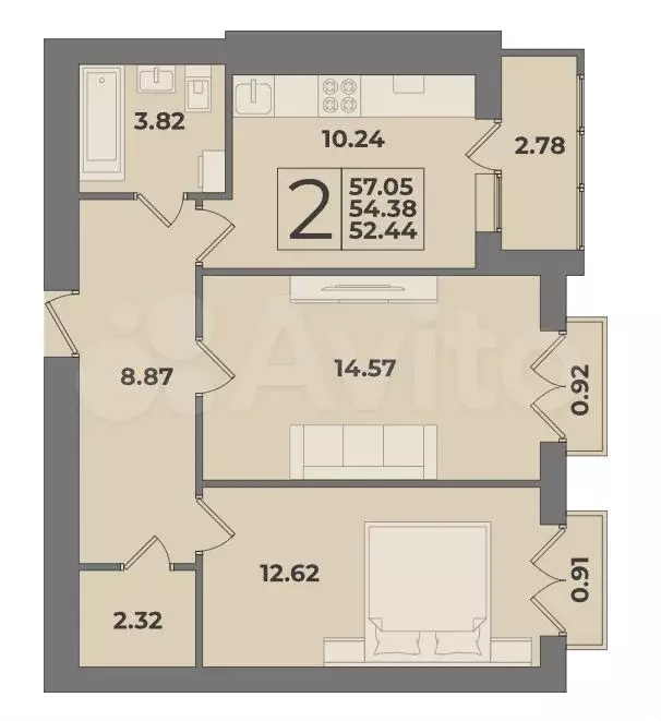 2-к. квартира, 54,4 м, 9/9 эт. - Фото 1