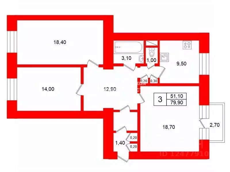 3-к кв. Санкт-Петербург Краснопутиловская ул., 10 (79.9 м) - Фото 1