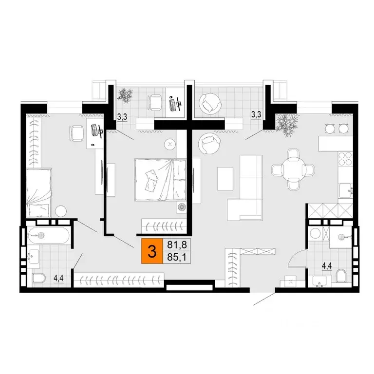 3-к кв. Приморский край, Уссурийск Горизонты жилой комплекс (85.1 м) - Фото 1