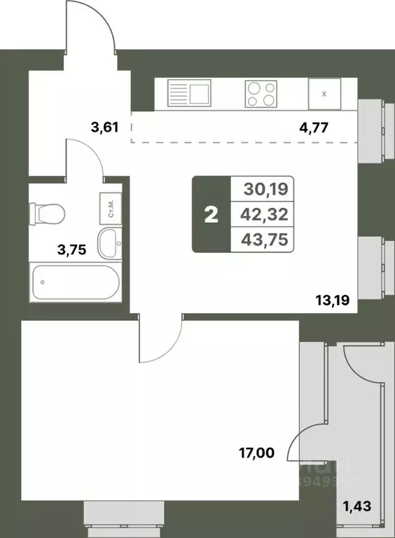 2-к кв. Башкортостан, Уфимский район, с. Миловка  (43.75 м) - Фото 1