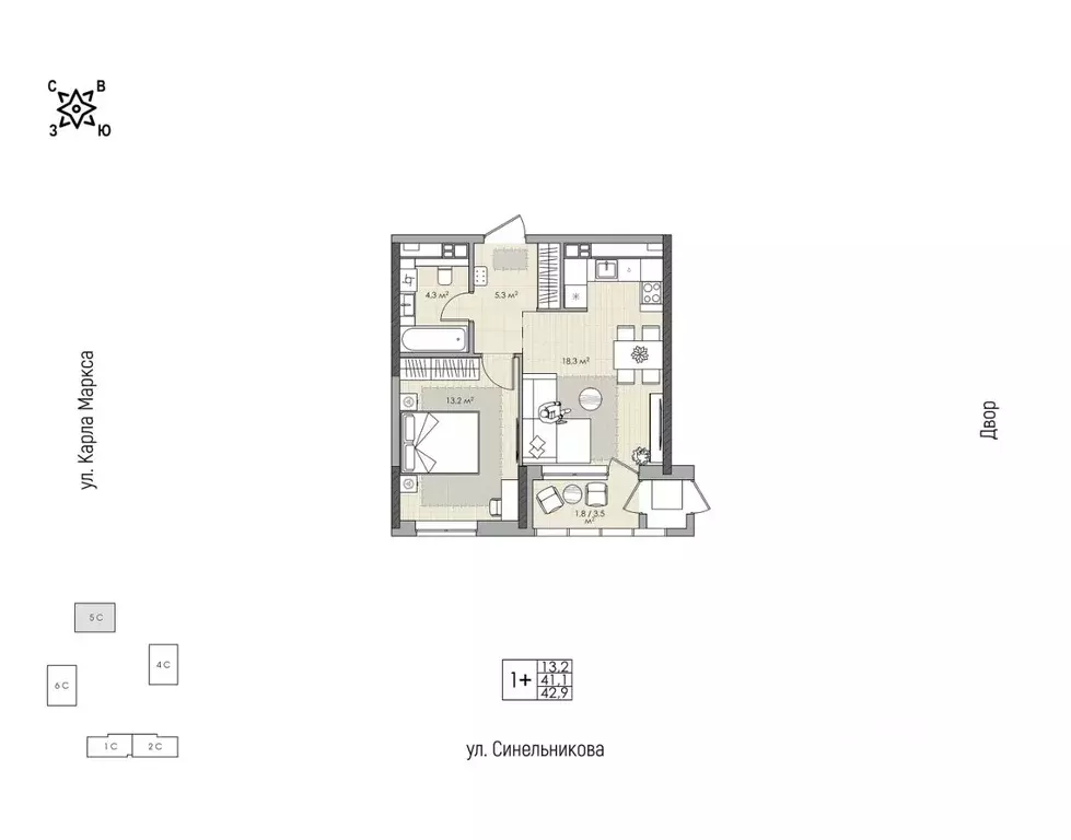 1-к кв. Хабаровский край, Хабаровск ул. Синельникова, 4 (42.9 м) - Фото 1