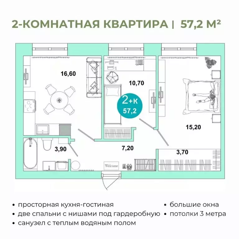2-к кв. Оренбургская область, Оренбург Ростоши Премьер мкр,  (57.2 м) - Фото 0