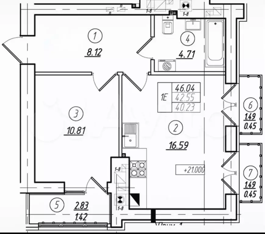 1-к. квартира, 42,6 м, 5/8 эт. - Фото 1