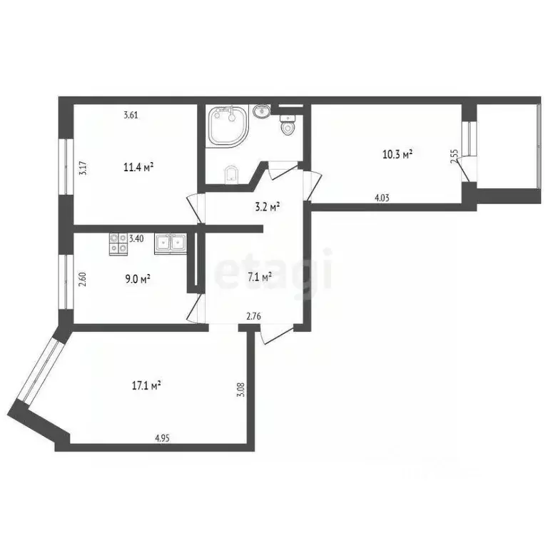 3-к кв. Архангельская область, Архангельск ул. Полины Осипенко, 9 ... - Фото 2