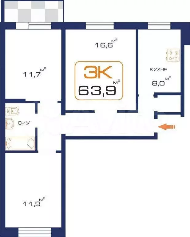 3-к. квартира, 63,9 м, 4/5 эт. - Фото 0