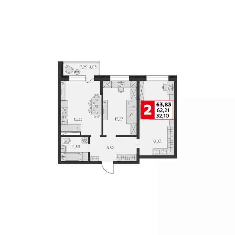 3-к квартира, 62.21 м - Фото 0
