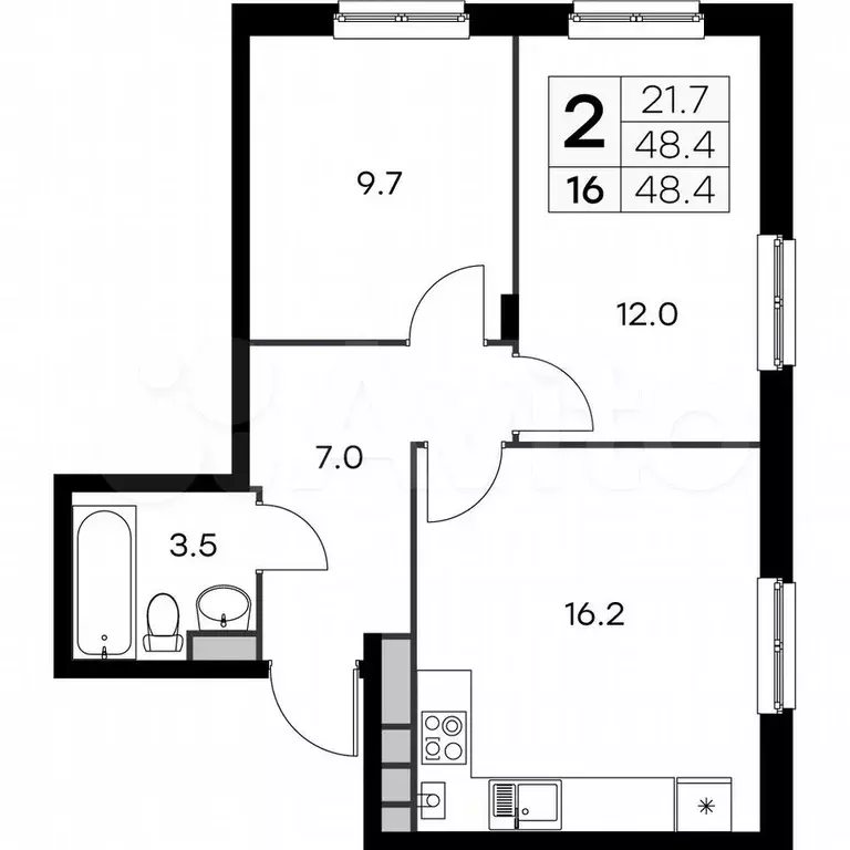 2-к. квартира, 48,4 м, 2/4 эт. - Фото 0