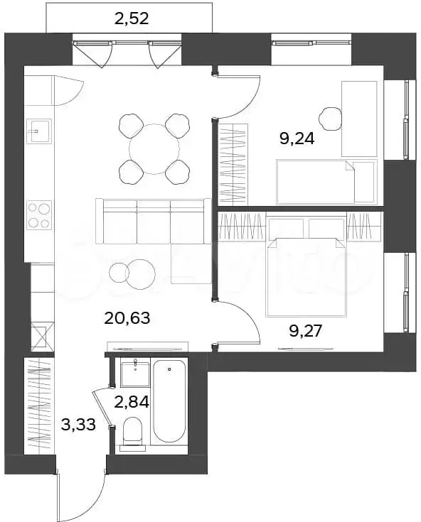 2-к. квартира, 46,1 м, 2/9 эт. - Фото 1