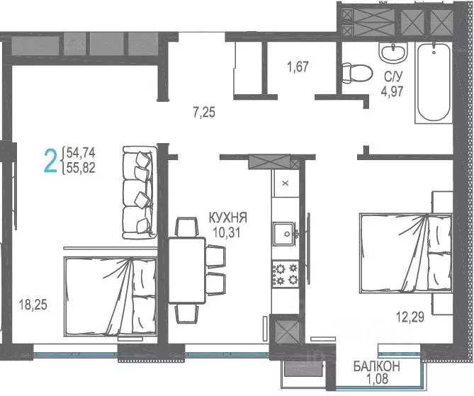2-к кв. Крым, Симферопольский район, Гвардейское пгт, Республика жилой ... - Фото 1