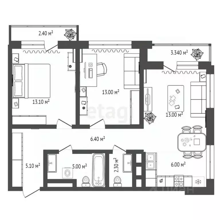 2-к кв. Тюменская область, Тюмень ул. Молодогвардейцев, 5к1 (62.4 м) - Фото 2