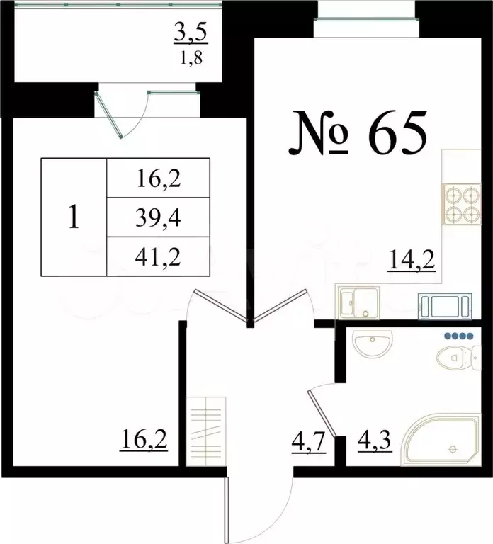 1-к. квартира, 41,2 м, 8/8 эт. - Фото 0