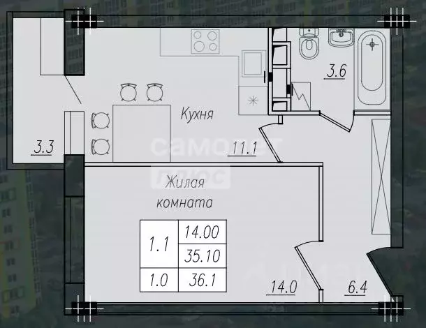 1-к кв. Курская область, Курск ул. Энгельса, 158к1 (36.8 м) - Фото 1