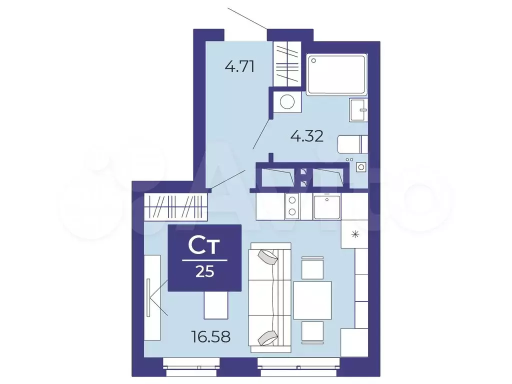 Квартира-студия, 25,6 м, 3/24 эт. - Фото 1