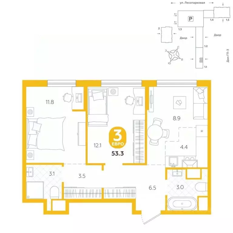 3-к кв. Тюменская область, Тюмень ул. Лесопарковая, 22 (53.3 м) - Фото 0