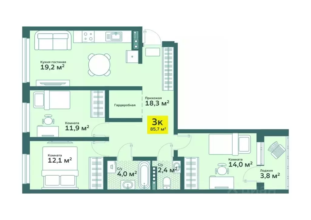 3-к кв. Тюменская область, Тюмень ул. Сергея Свиридова, 11 (85.65 м) - Фото 0
