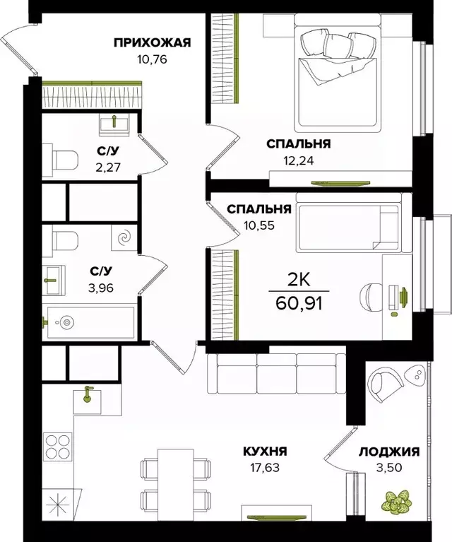 2-к кв. Тульская область, Тула  (60.91 м) - Фото 0