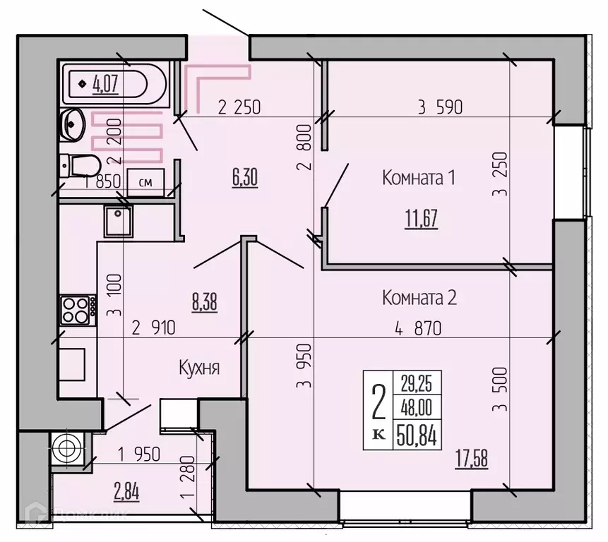 Продаётся 2-к квартира, 50.84 м - Фото 1