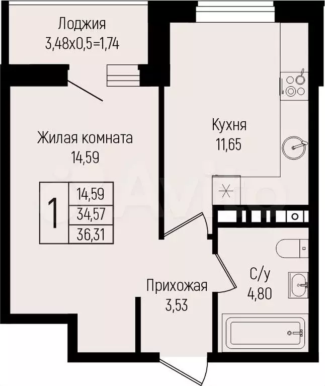 1-к. квартира, 36,3 м, 6/15 эт. - Фото 0